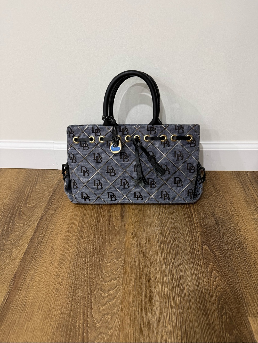 Dooney & Bourke Blue Logo-Print tassel Satchel with Black Handles